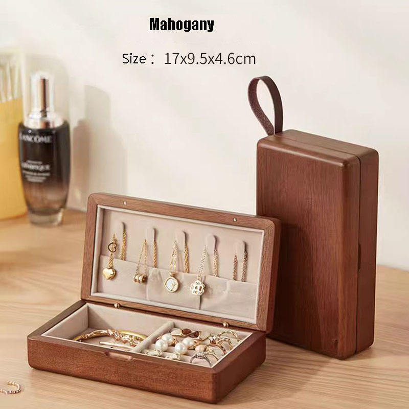 Portable Travel Jewelry Organizer Box in Solid Mahogany and Metal