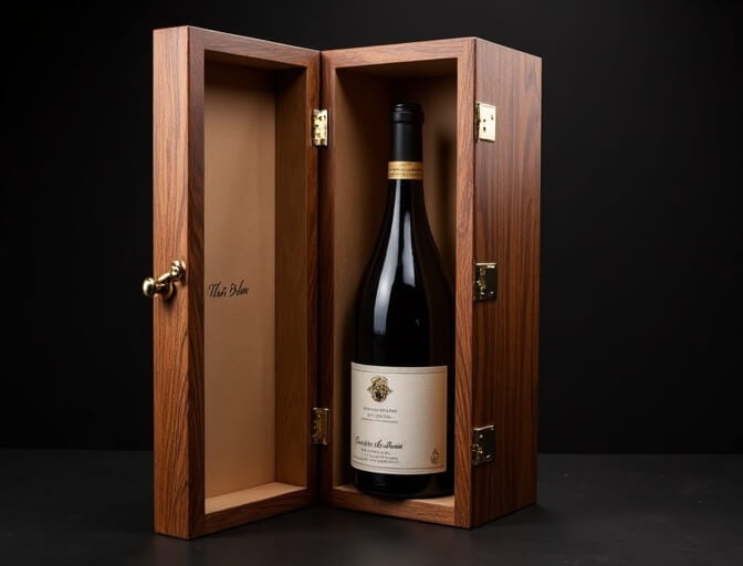 Hinged lid wooden wine box -- elegant hinged wooden wine packaging with metal hardware, clasp and velvet lined interior for luxury branding