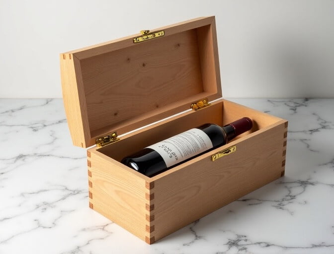 Single bottle wooden wine box -- custom wooden packaging for one wine bottle with hinged lid and laser engraved winery logo