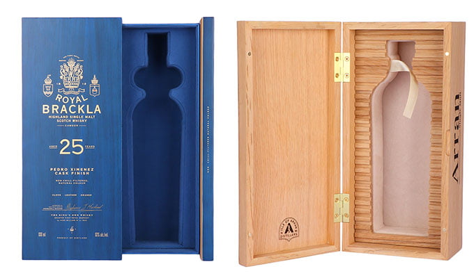 Luxury wooden wine box with bottle -- premium wooden wine packaging showing natural wood grain, laser engraved logo and velvet lining interior