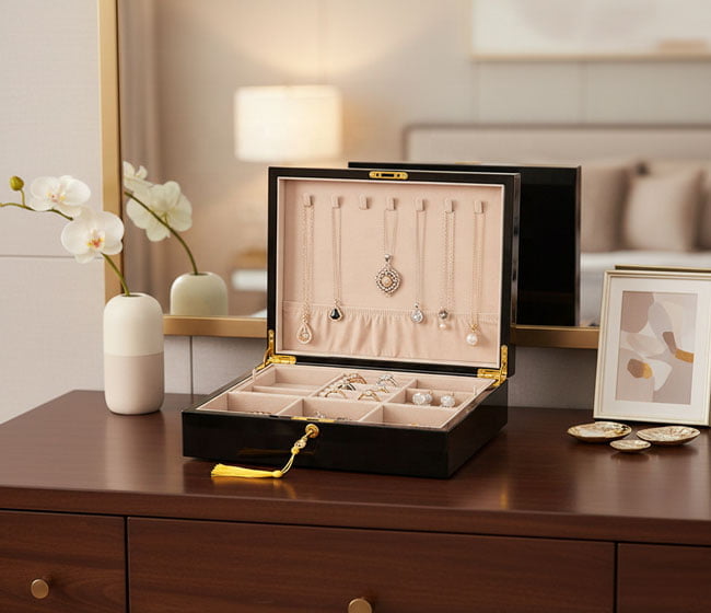 Custom wooden jewelry boxes with velvet lining and metal logo plate