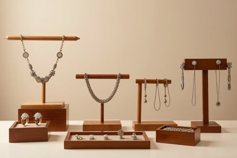 Wooden jewelry display props including necklace stands, ring trays and bracelet stands