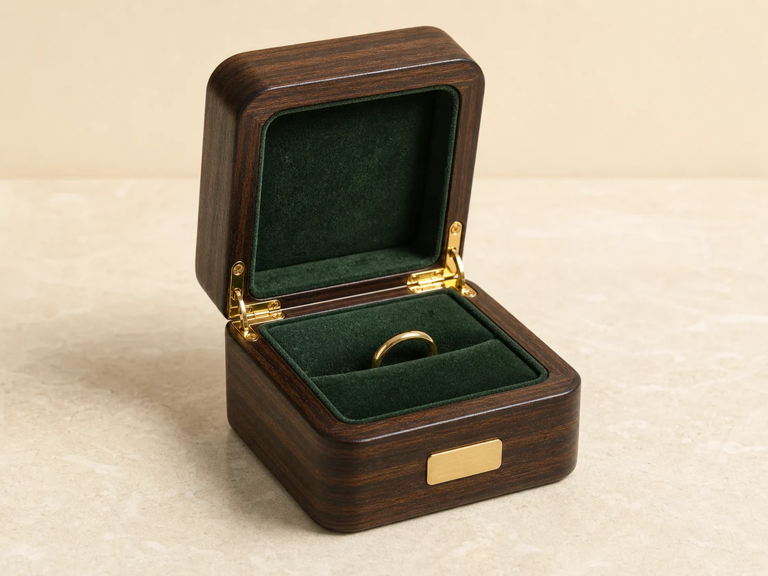 Custom wooden ring box with velvet slot insert and hinged lid -- luxury ring packaging