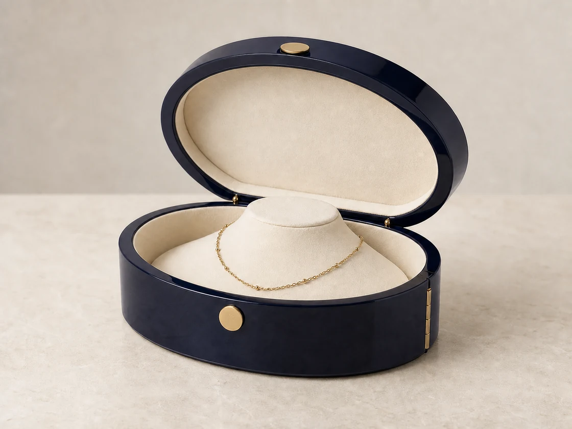 Luxury wooden necklace box with fitted neck pillow insert and soft lining -- jewelry gift packaging