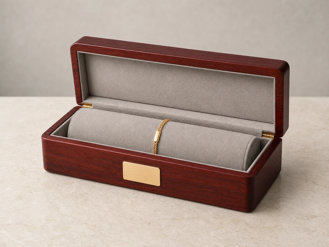 Custom wooden bracelet box with cushion insert and branded exterior finish -- bracelet packaging