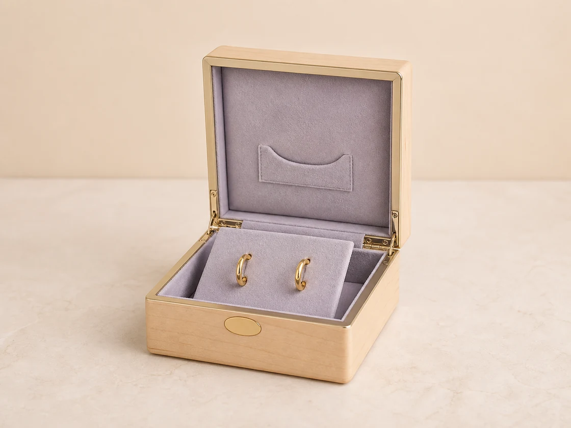 Small wooden earring box with earring panel insert and soft lining -- luxury earring retail packaging