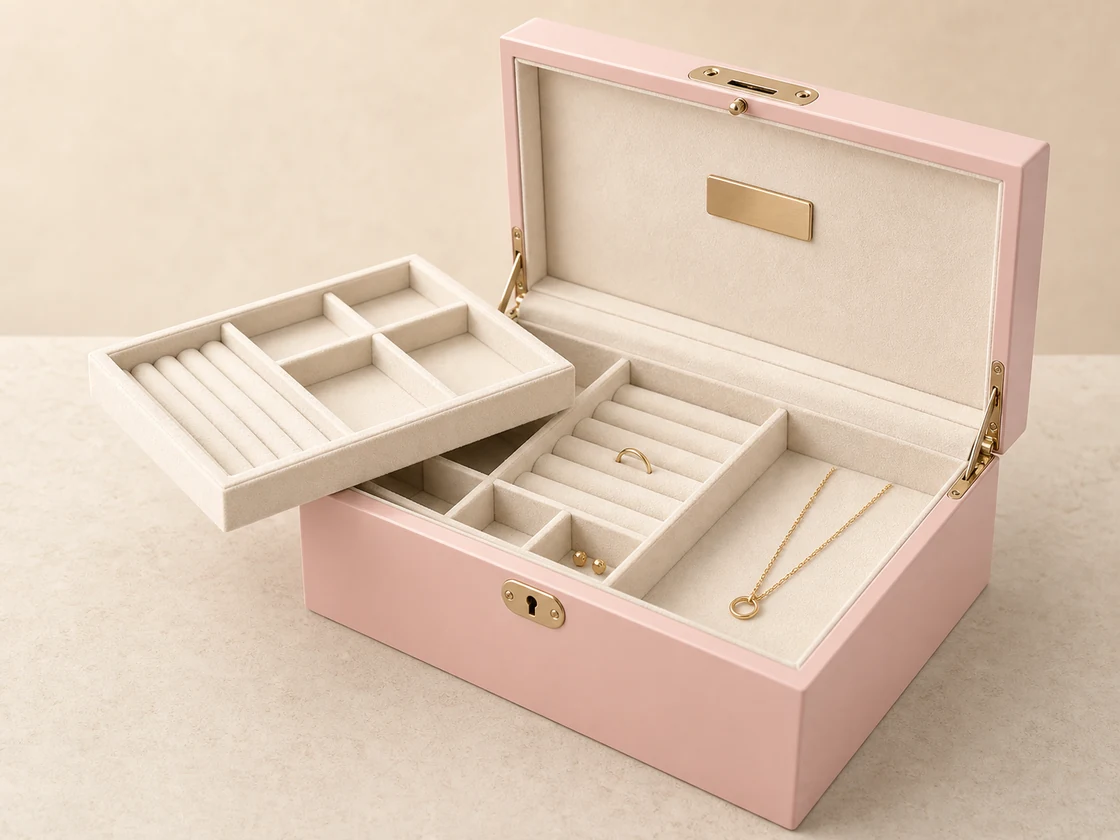 Premium wooden jewelry gift box for jewelry set packaging -- luxury gift packaging with velvet lining and logo