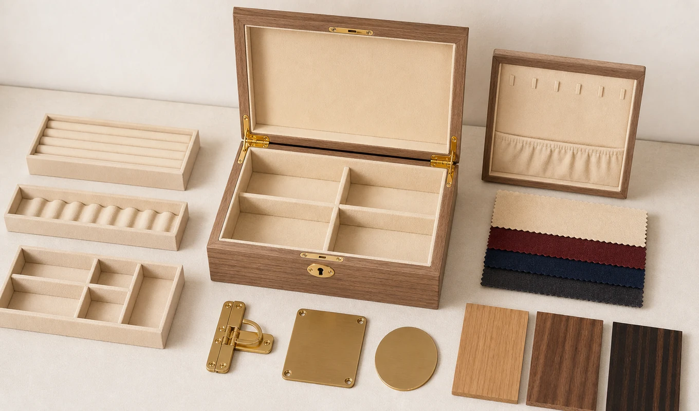 Wooden jewelry box customization -- insert layout, lining material, and logo placement options