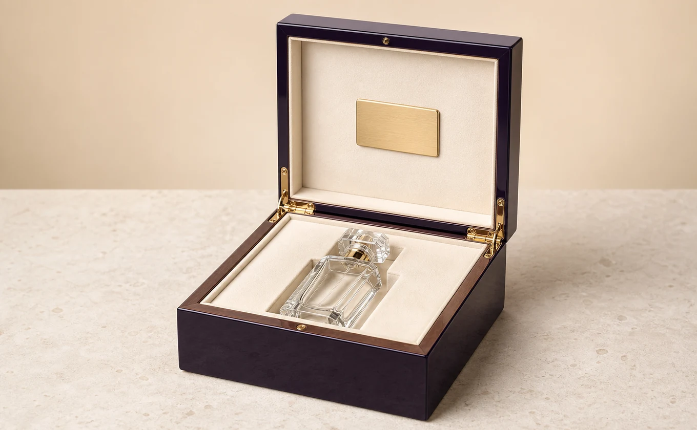 Custom wooden perfume box with glass fragrance bottle, piano lacquer finish, velvet lining and metal logo plate