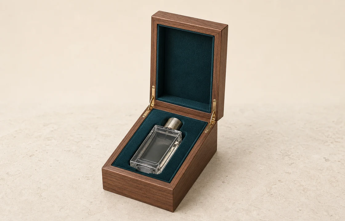 Single bottle custom wooden perfume box with velvet lining and hinged lid for luxury fragrance presentation
