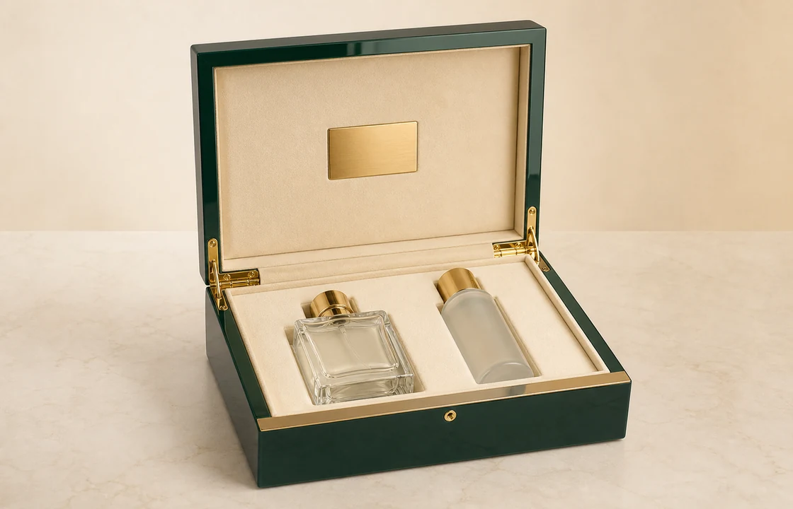 Wooden perfume gift set box holding fragrance bottle and lotion, piano lacquer finish with metal logo plate