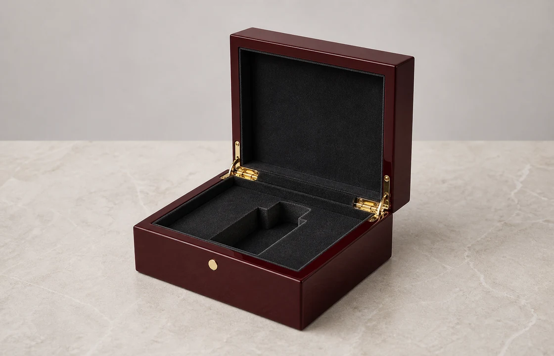 Hinged lid wooden perfume box open showing velvet lined interior with magnetic closure and metal hinge hardware