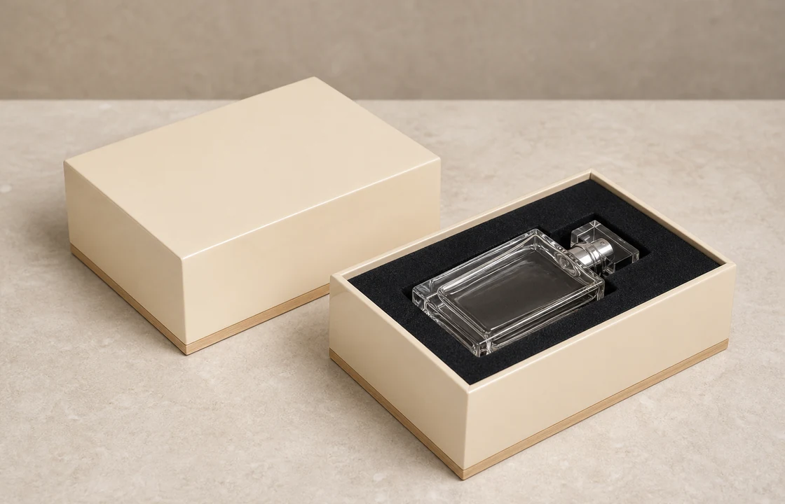 Lift-off lid wooden fragrance box with foam insert and high gloss lacquer exterior surface finish