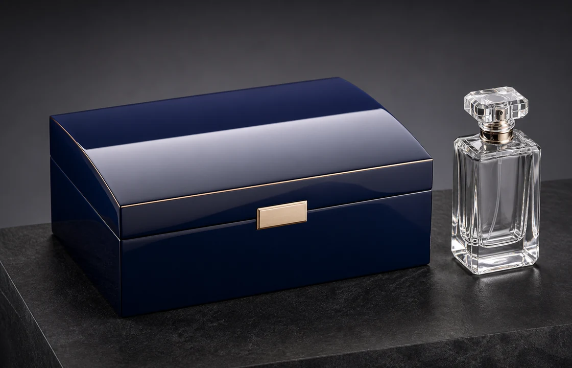 Piano lacquer wooden perfume box with near-glass high gloss surface finish for luxury fragrance brand packaging