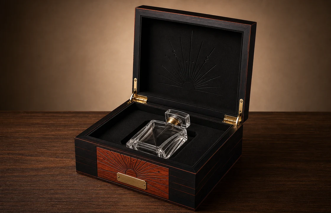 Limited edition wooden perfume packaging box with laser engraved branding, metal logo plate and collectible presentation