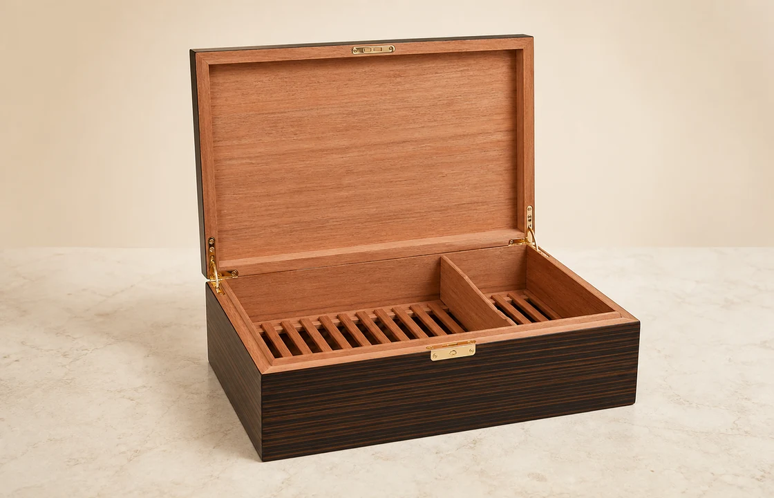 Hinged lid wooden cigar boxes with metal hinges, clasps, and branded interior for retail cigar presentation