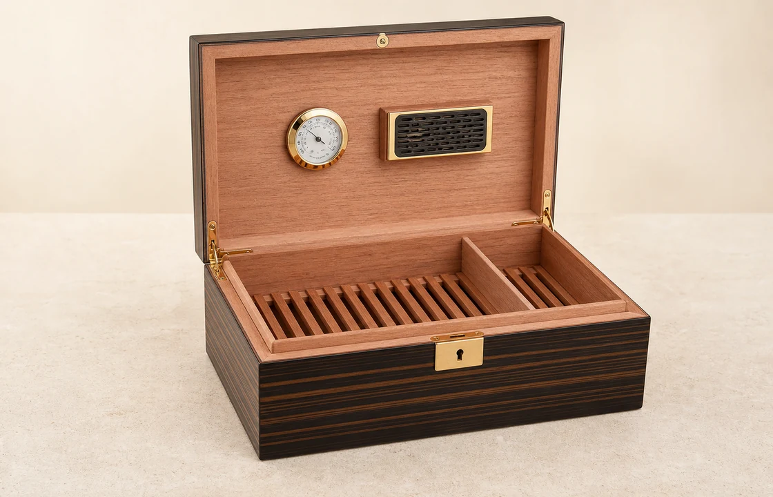 Humidor-style wooden cigar boxes with cedar inner lining, dividers, and premium metal hardware