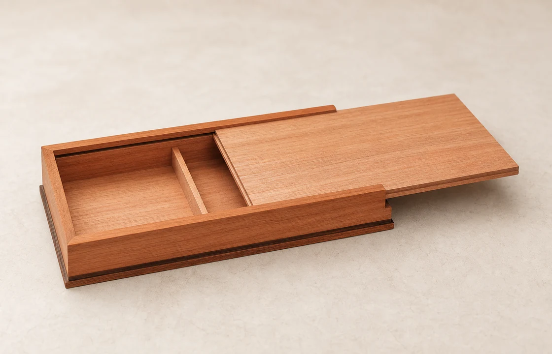 Sliding lid wooden cigar boxes with natural wood grain finish and engraved brand logo