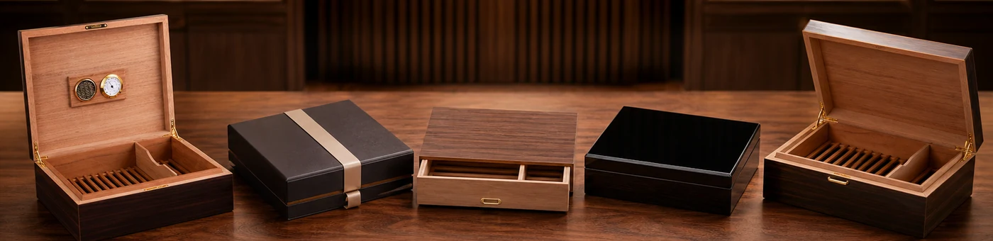Wooden cigar boxes arranged for retail display, gift sets, and private label export packaging