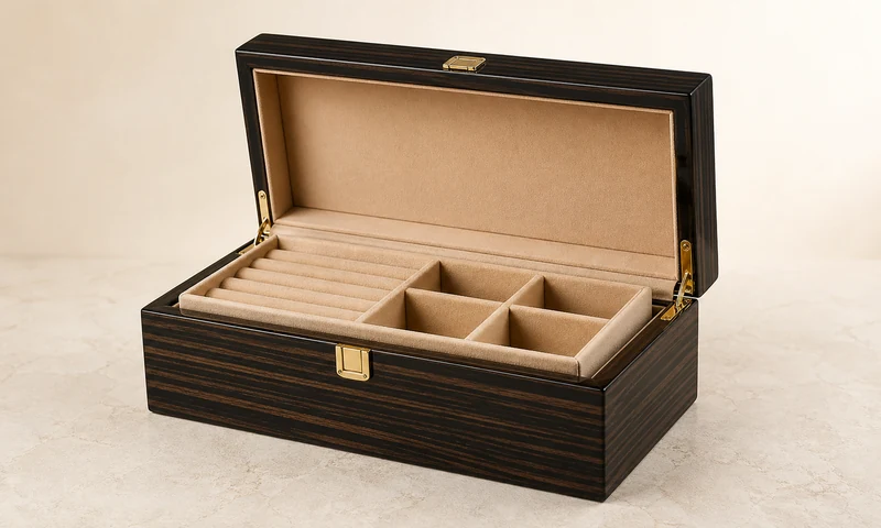 Custom wooden jewelry boxes with velvet lining and metal logo plate for jewelry brands