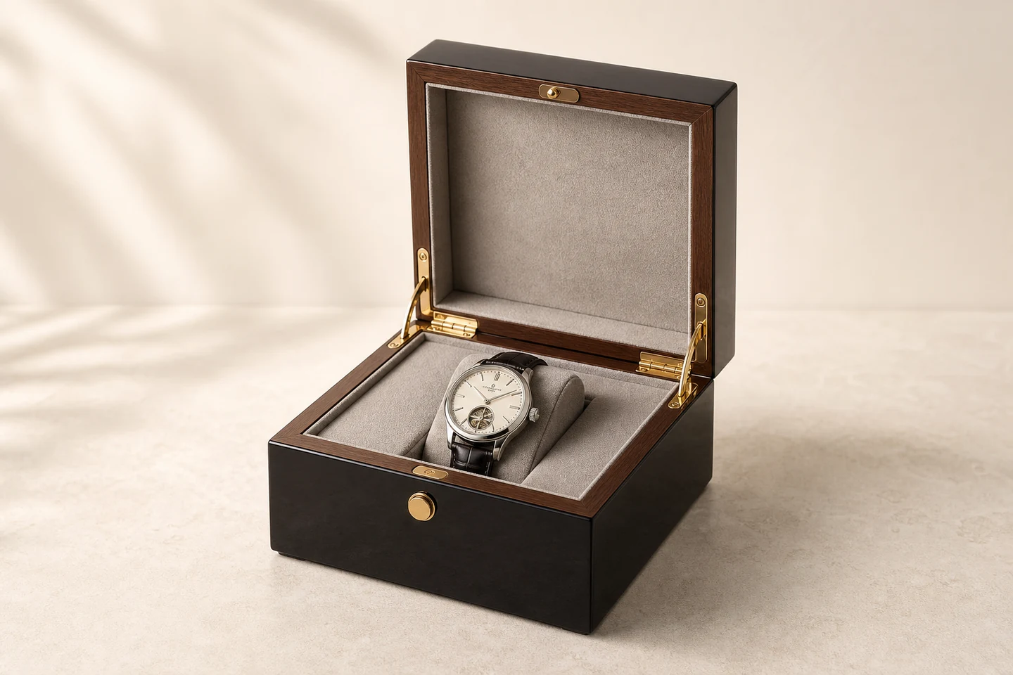 Custom luxury wooden watch box with velvet lining and watch pillow, hinged lid open showing premium interior