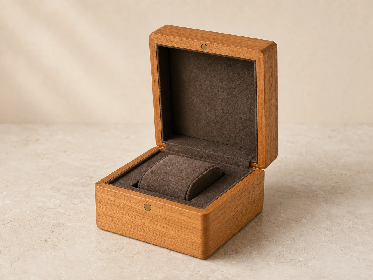 Single wooden watch box with hinged lid open showing velvet lining and watch pillow inside