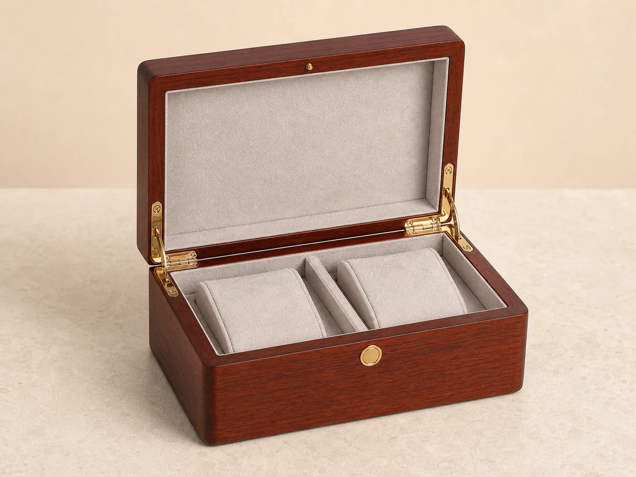 Double wooden watch box open showing two watch pillows in velvet lined interior for couples watch gift set