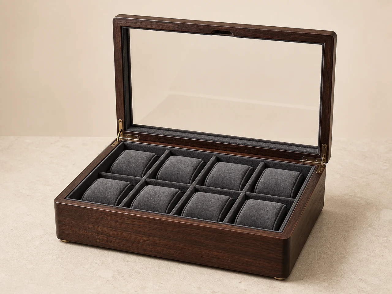 Multi-watch wooden storage box with multiple slots, removable watch pillows, and glass lid display