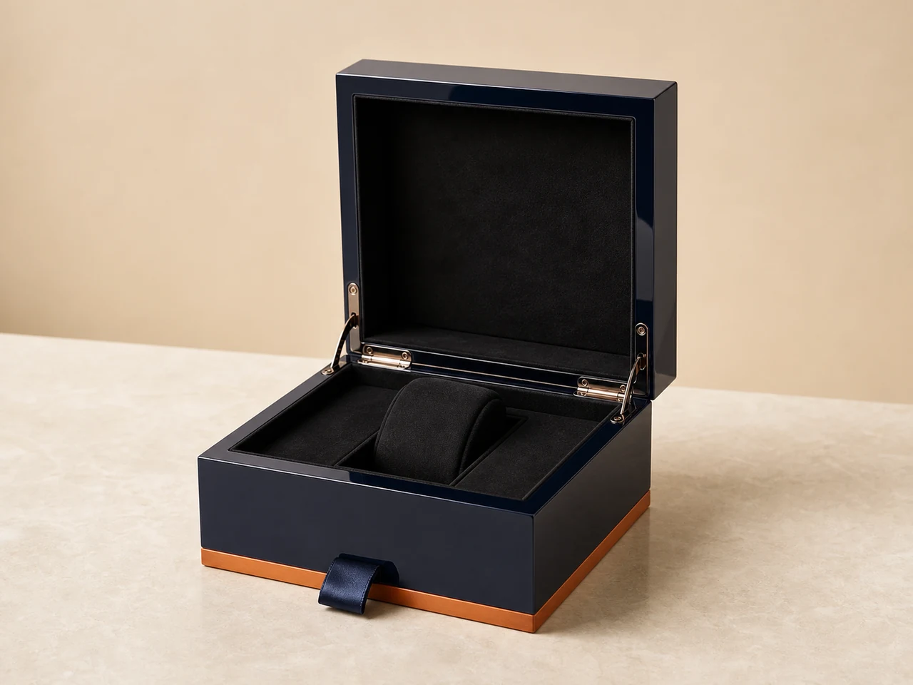 Luxury wooden watch gift box with ribbon pull and premium velvet interior for retail holiday packaging
