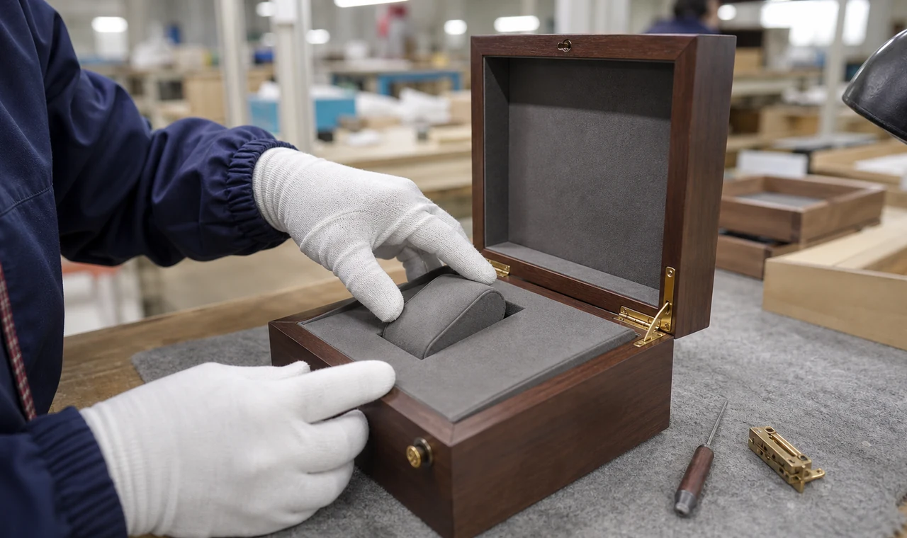 Custom wooden watch box manufacturing process showing hinged lid box with watch pillow and velvet lining being assembled