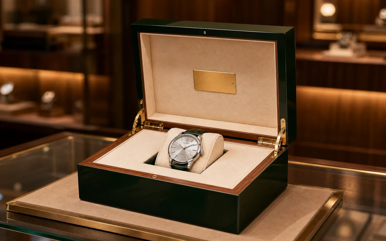 Luxury wooden watch gift box open showing watch on velvet pillow with brand logo on inner lid