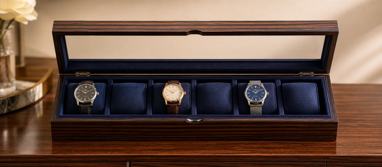 Multi-watch wooden storage box with six watch slots and velvet lining for collector storage
