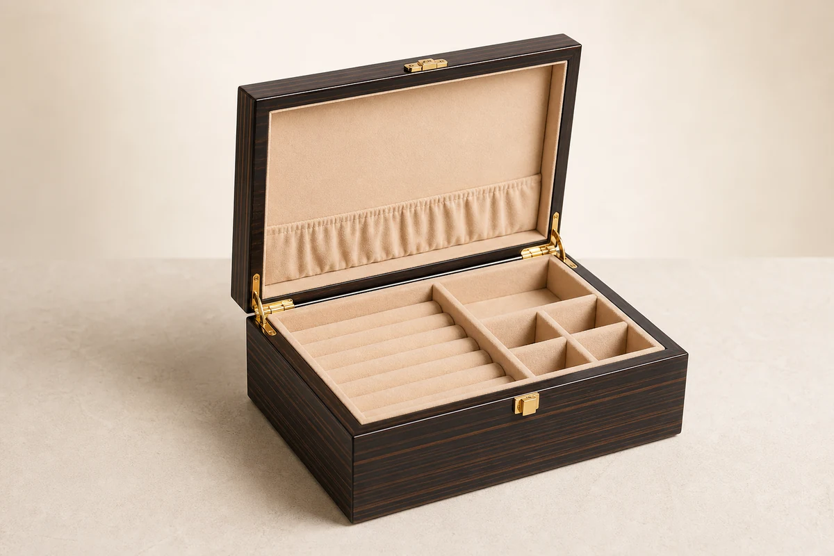Custom wooden jewelry box with velvet lining and hinged lid for jewelry brands