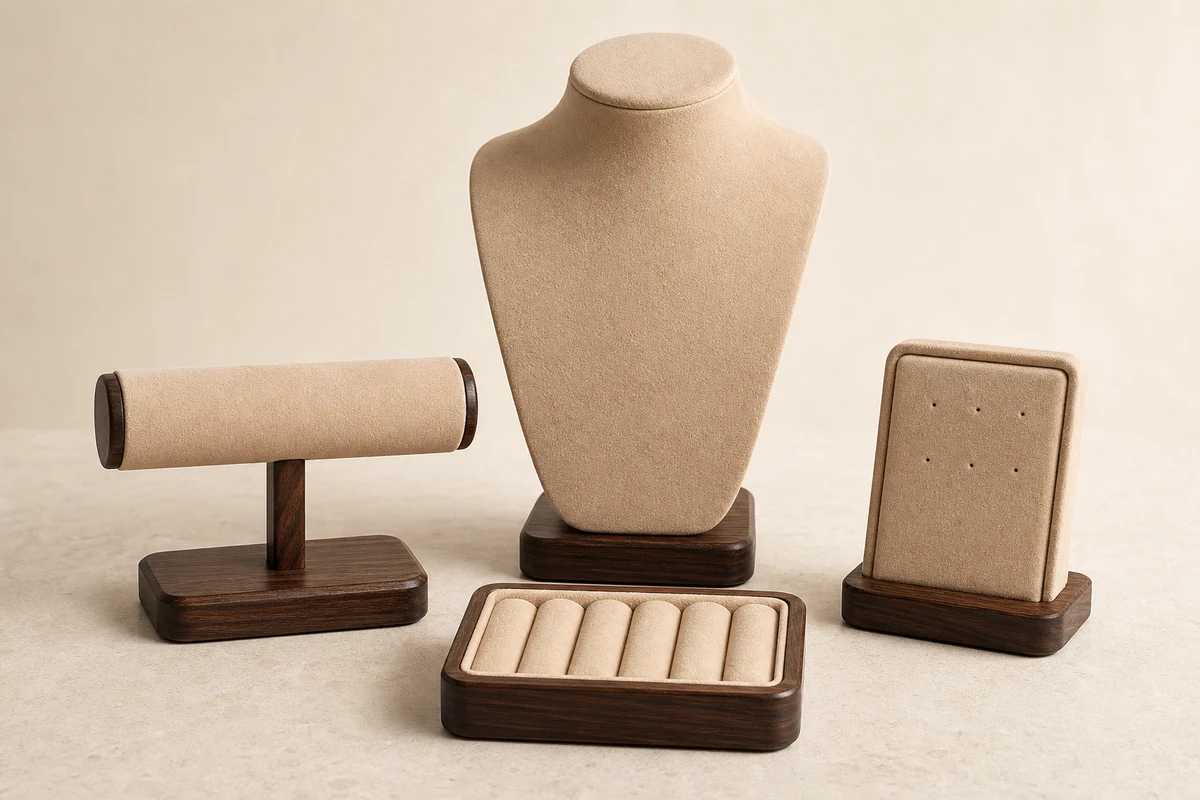 Wooden jewelry display props set including necklace stand, ring tray, and bracelet stand for retail counters