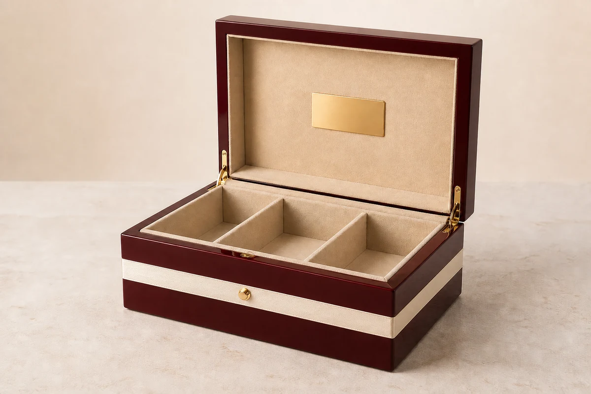 Premium custom wooden gift box with ribbon and branded interior for corporate gifting