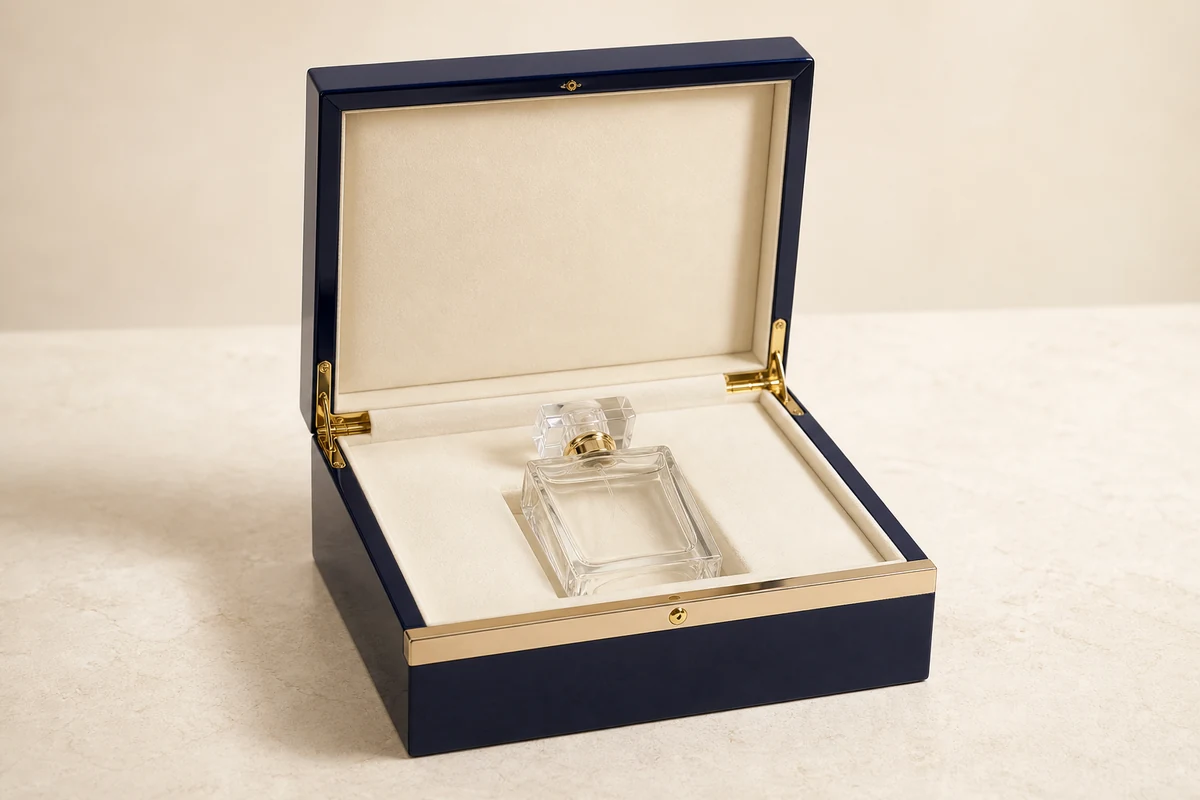 Luxury wooden perfume box with piano lacquer finish and velvet insert for fragrance brands