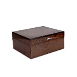Close up of wooden and metal cigar humidor box craftsmanship with glossy lacquer finish