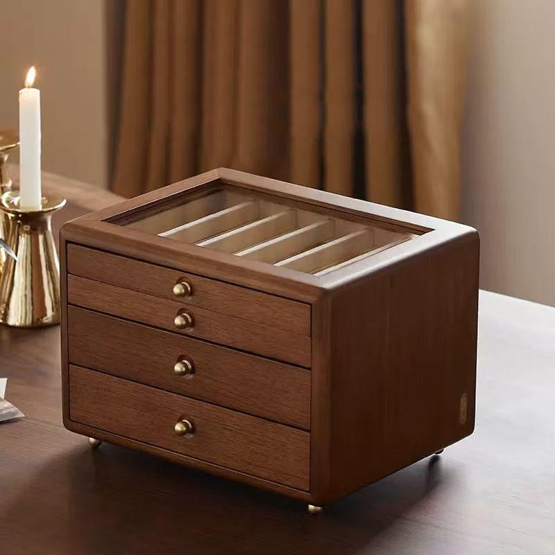 4 layer wooden jewelry storage box with 3 Clear Glass Doors