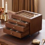 4 layer wooden jewelry storage box with clear glass window