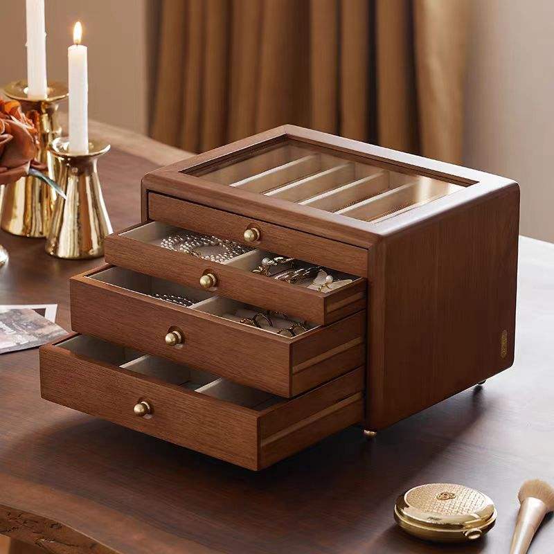 4 layer wooden jewelry storage box with clear glass window
