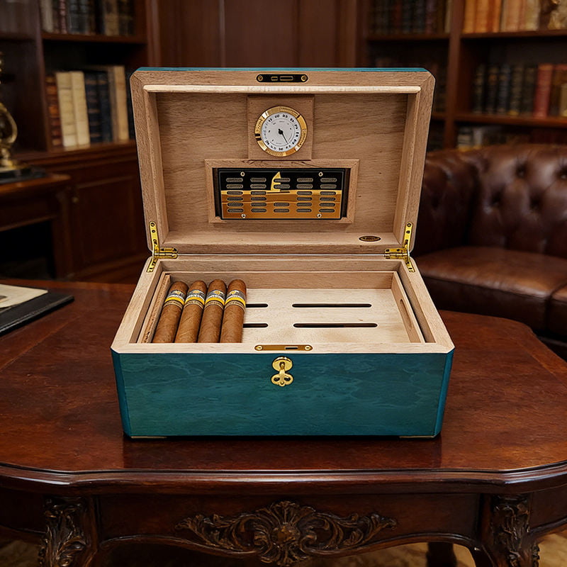 Unique Pattern Cigar Humidor Box with Hygrometer and 2-Layer Storage