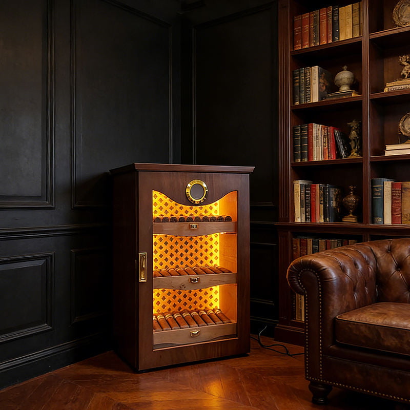 Electric Cigar Humidor Cabinet with LED Light and Three-Layer Drawer