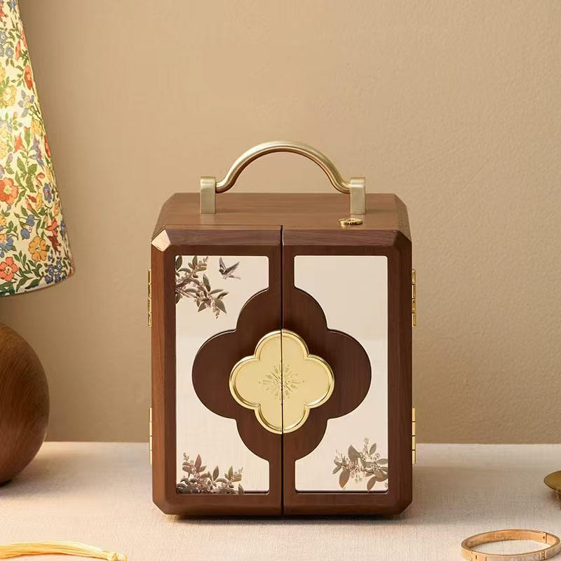Double Mirror Door Jewelry Storage Box with Metal Handle