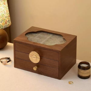 Glass Window 3-Layer Jewelry Storage Box with Luxury Wooden Organizer Design