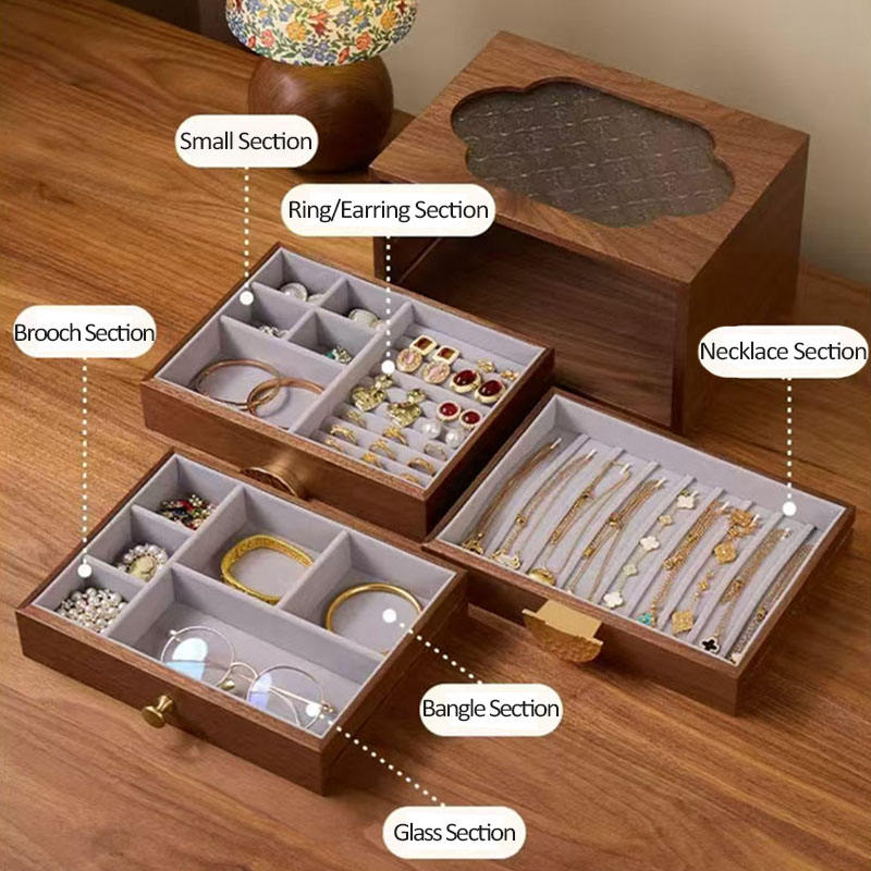 walnut jewelry storage box for rings earrings and accessories