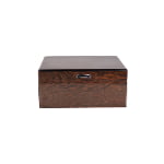 Custom high gloss lacquer wooden cigar humidor box front view with premium metal details