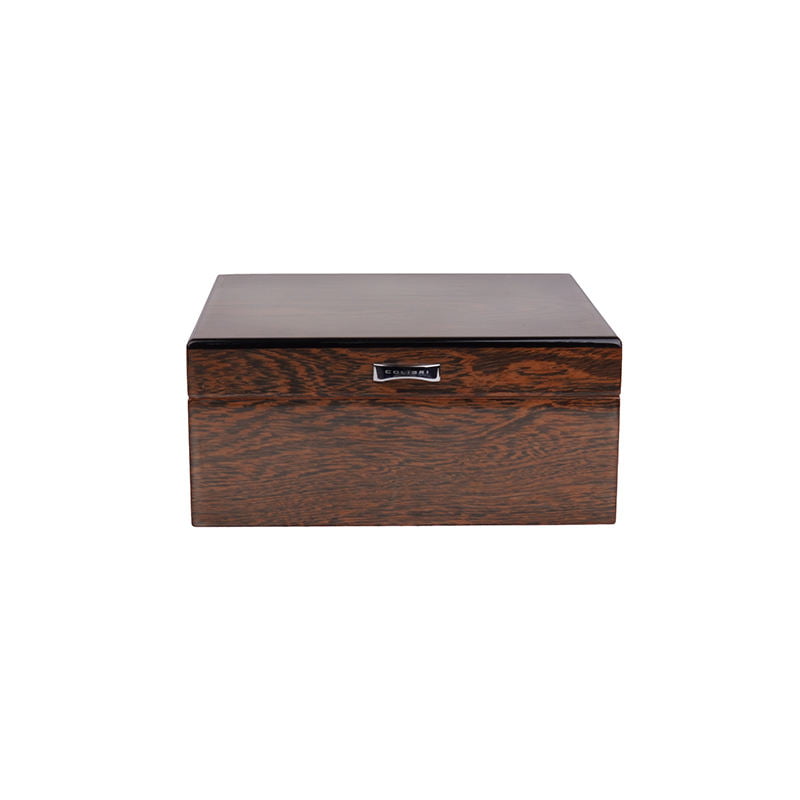 Custom high gloss lacquer wooden cigar humidor box front view with premium metal details