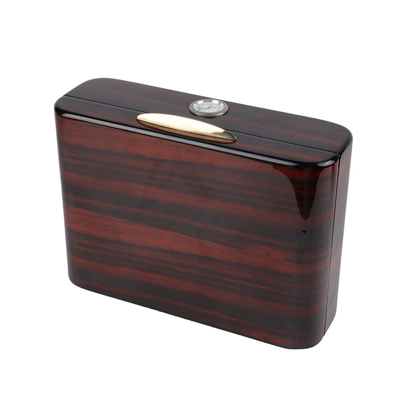 Wood grain cigar humidor box with metal handle details