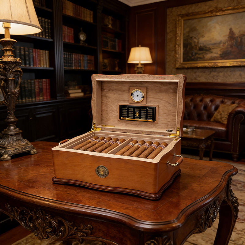 Wave Design Cigar Humidor Cabinet with Hygrometer and Metal Handle