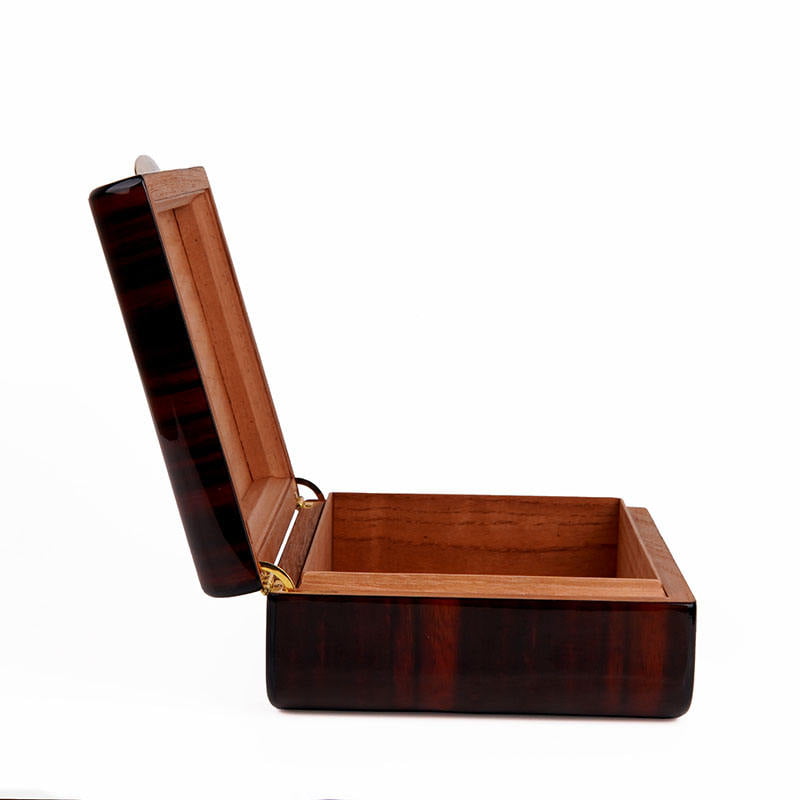 Wooden cigar storage box with hygrometer and metal hinges